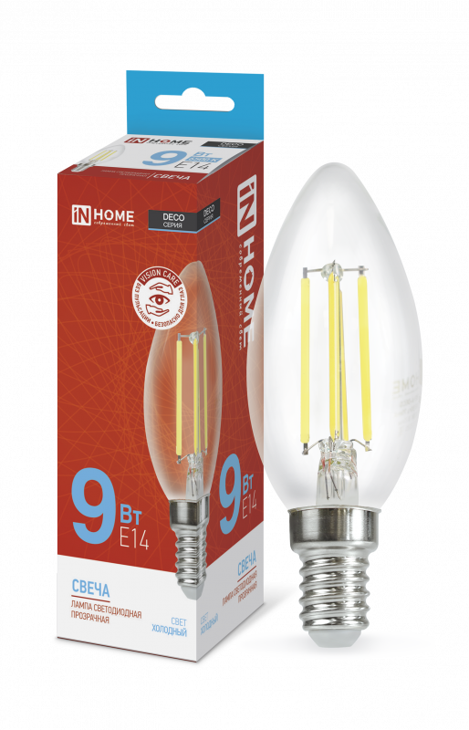 Лампа светодиодная LED-СВЕЧА-deco 9Вт 230В Е14 6500К 1040Лм прозрачная IN HOME