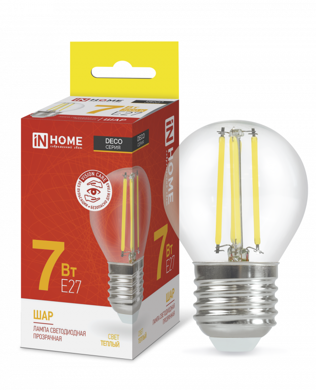 Лампа светодиодная LED-ШАР-deco 7Вт 230В Е27 3000К 810Лм прозрачная IN HOME