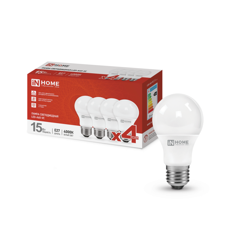 Лампа светодиодная LED-A60-VC 4PACK 15Вт 230В Е27 4000К 1430Лм (4шт./упак) IN HOME