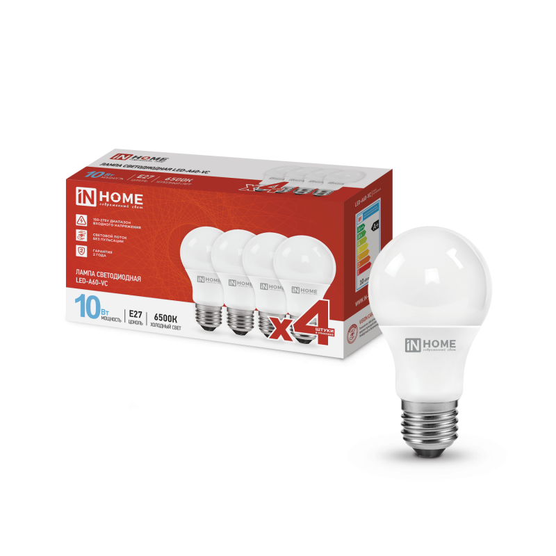 Лампа светодиодная LED-A60-VC 4PACK 10Вт 230В Е27 6500К 950Лм (4шт./упак) IN HOME