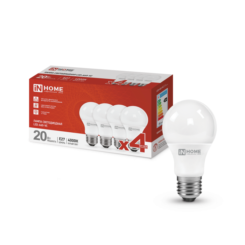 Лампа светодиодная LED-A60-VC 4PACK 20Вт 230В Е27 4000К 1900Лм (4шт./упак) IN HOME