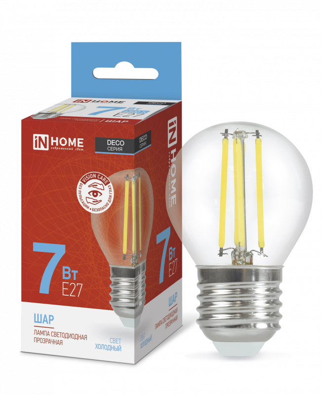 Лампа светодиодная LED-ШАР-deco 7Вт 230В Е27 6500К 810Лм прозрачная IN HOME